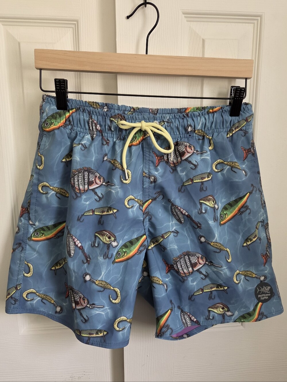 Psycho Tuna Lures Blue Swim Shorts, Pockets, Unlined, Beach, Pool, Men's Medium